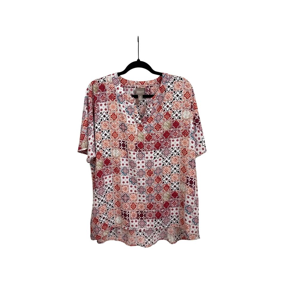 Chico's Patchwork Flutter Sleeve Blouse Geometric Flowy Blouse Size 2
